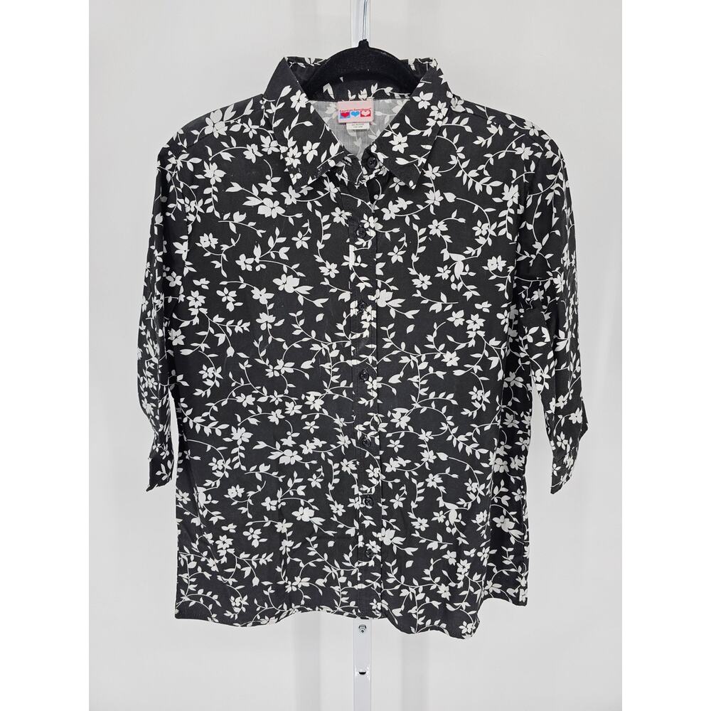 American Sweetheart Womens Sz S 3/4 Sleeve Button Up Shirt Black White Floral